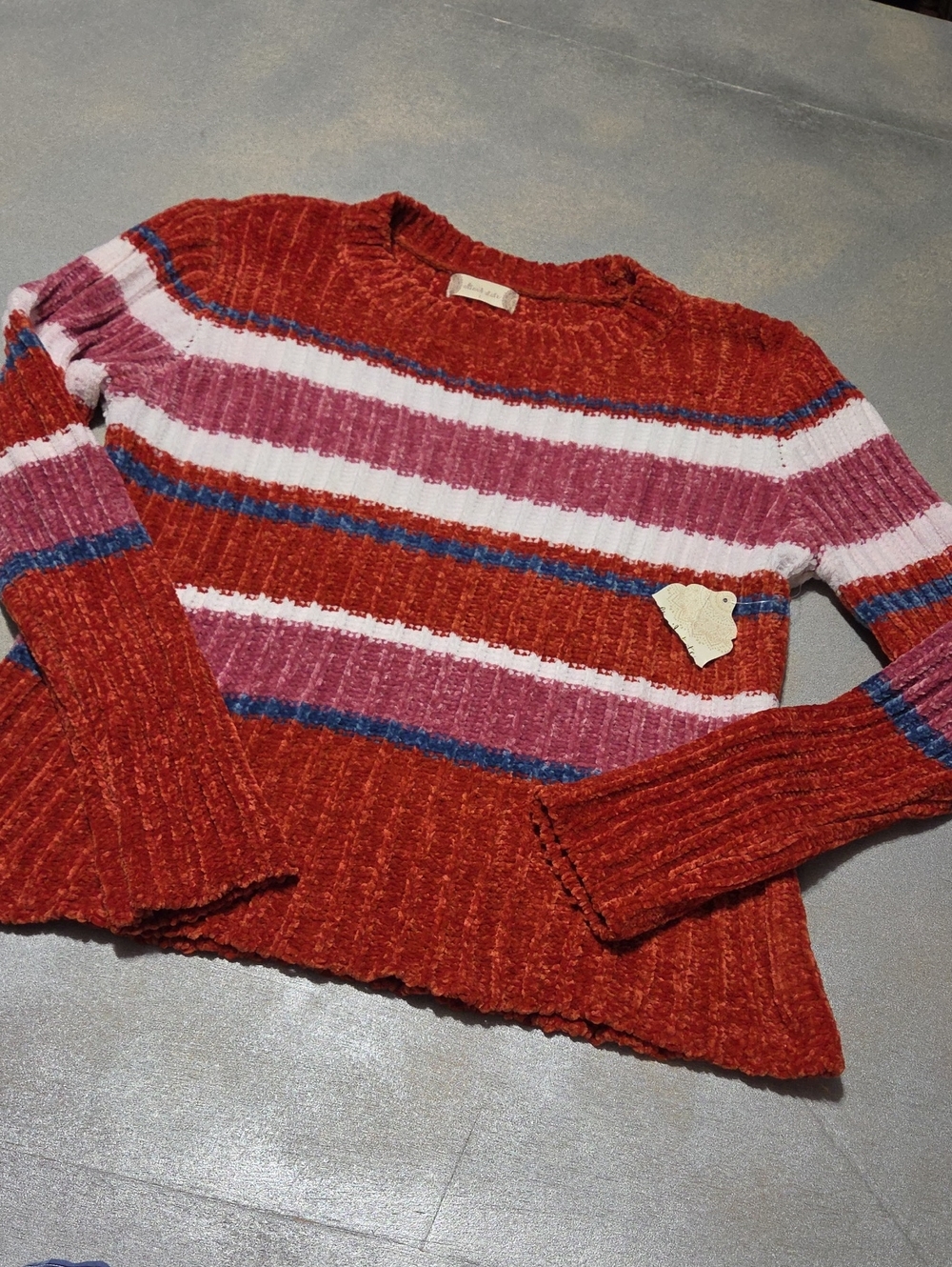 Altar'd State Rust Striped Crewneck Sweater with Pink, White & Blue Accents